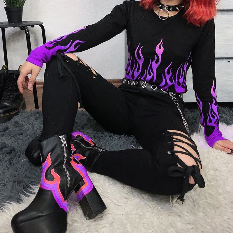 Модная женская рубашка с принтом огненного огня уличная блуза круглым вырезом и