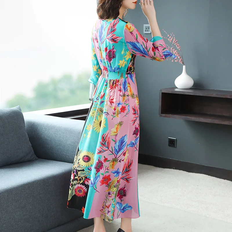 

Temperament loose retro printed silk dress mid-length V-neck large size party casual long dress loose
