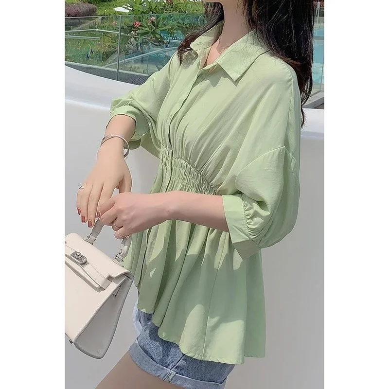 

Female 2021 Fashion Summer Blouse Turndown Collar Half Sleeve Solid Chiffon Shirt Women Top Women's Clothing Tops Blusas Y815