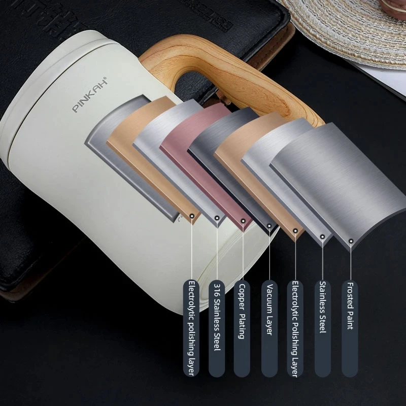 

470ml 316 Steel Office Cups Family Coffee Cup With Lid And Wooden Handle 470Ml Simple Mark Mug Gifts