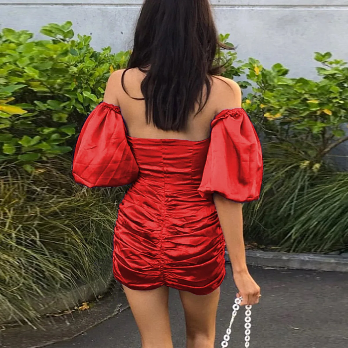 

New Puff Sleeve Dress Hollow 2021 Summer Sexy Low-cut Pleated Dress Ladies Casual Tight Banquet Party Birthday Dress
