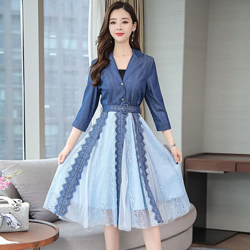 Женское джинсовое платье на весну и лето 2020 элегантное Сетчатое с v образным