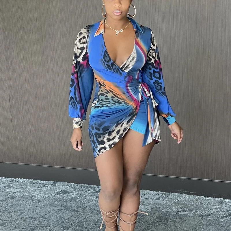 

Long Sleeve V Neck Wrap Dress Leopard Bodycon Mini Dress