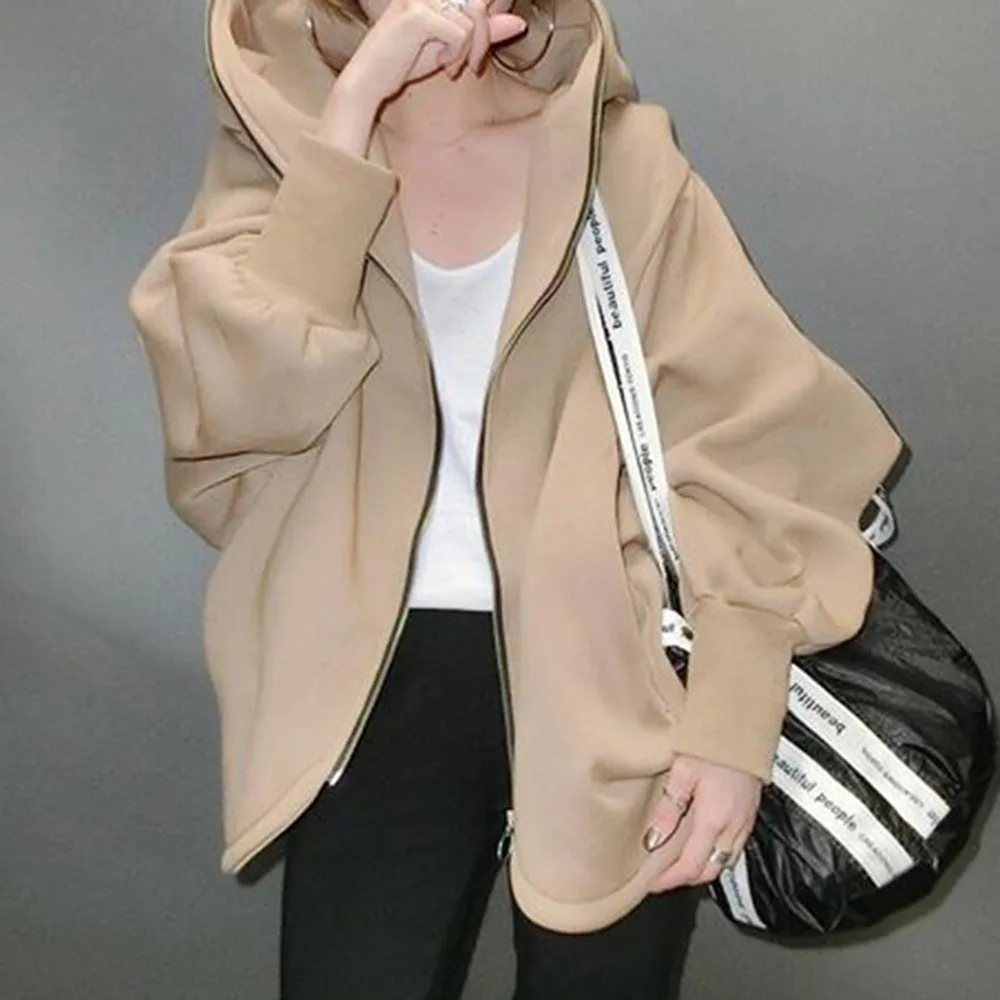 

2021 Oversized Sweatshirt Casual Women Loose Coat Zip Up Outerwear Hooded Jacket Plus Size Outwear Tops Simple Brown