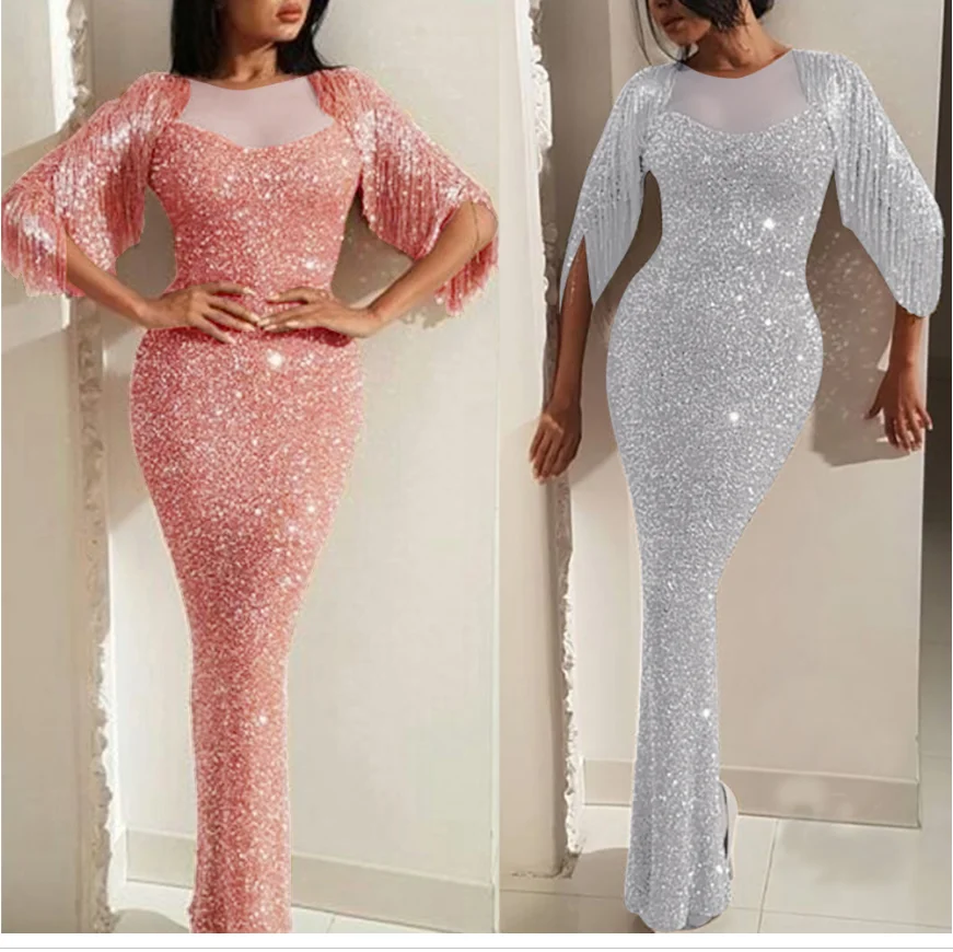 

ladies pink sequin skirt evening party o-neck short sleeve full length dress