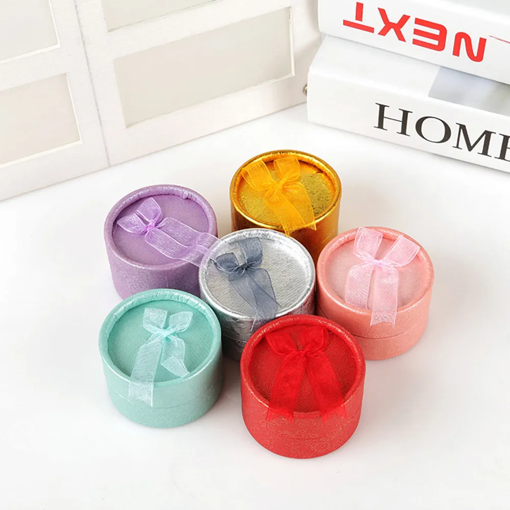 

Small Round Bowknot Ring Box Holder Earring Necklace Ring Packaging Case Paper Jewelry Gifts Boxes For Valentine's Day Wedding
