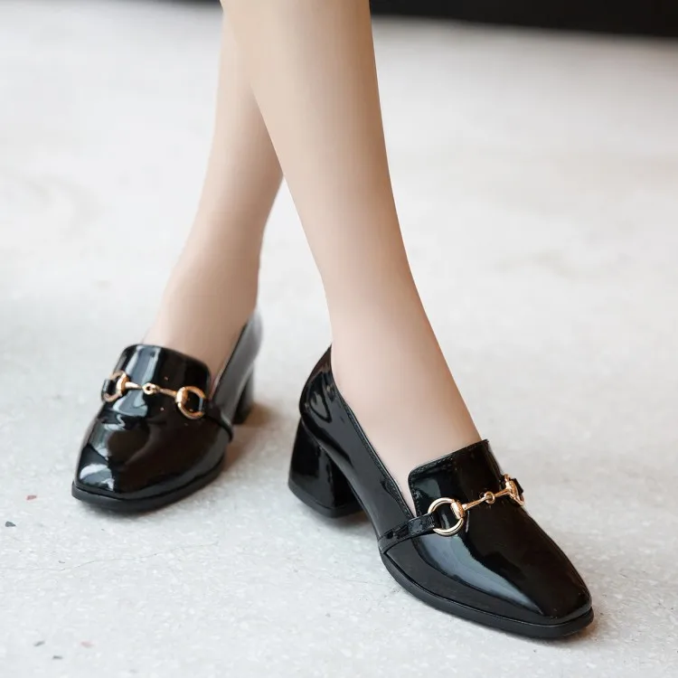Женские туфли на высоком каблуке лаковые лодочки квадратный и толстый каблук
