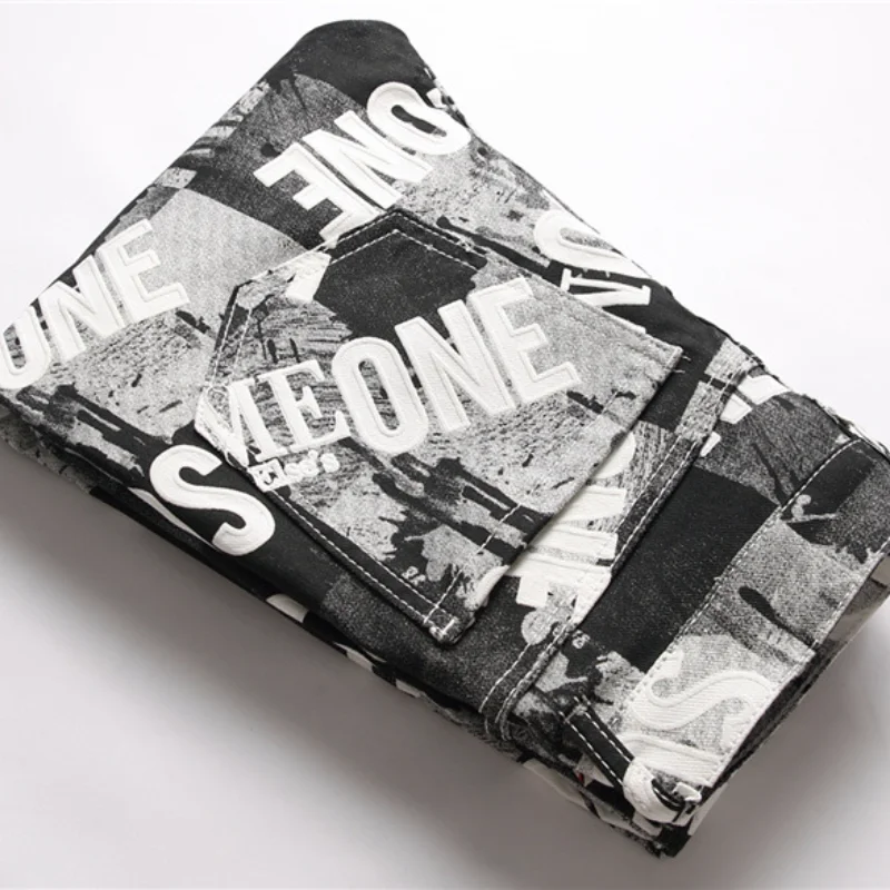 2021 New Arrival Letter Digital Print Stylish Men Stretch Pencil Jeans Trousers Hip Hop Slim Denim Pants For Party Moda Hombre