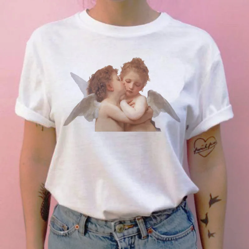 Футболка с ангелом harajuku, с рисунком героев мультфильмов, 90 s, повседневная женская футболка с круглым вырезом, Винтажная футболка, топы, футболки, кавайные эстетические - Цвет: 855