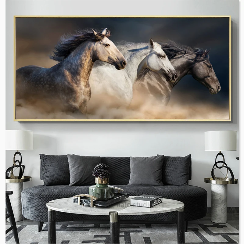 Самоотверженно Wall Art три лошади бег картинки для Гостиная Современная