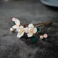 gold color copper flower leaf simulated pearls u shaped hairpins clips hair fork sticks women grils hanfu cheongsam hair jewelry