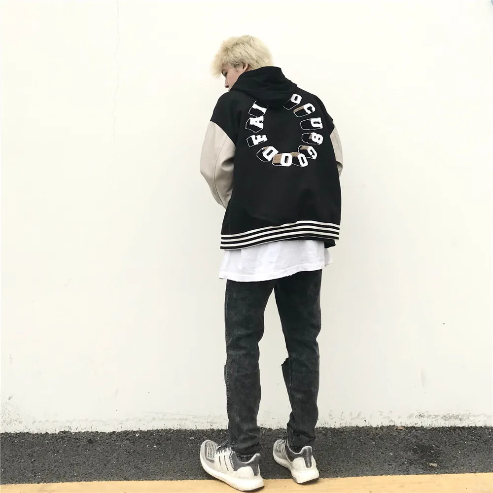 

Embroidery Baseball Jacket Men Leather Patchwork High Street Men's Jackets Black Green