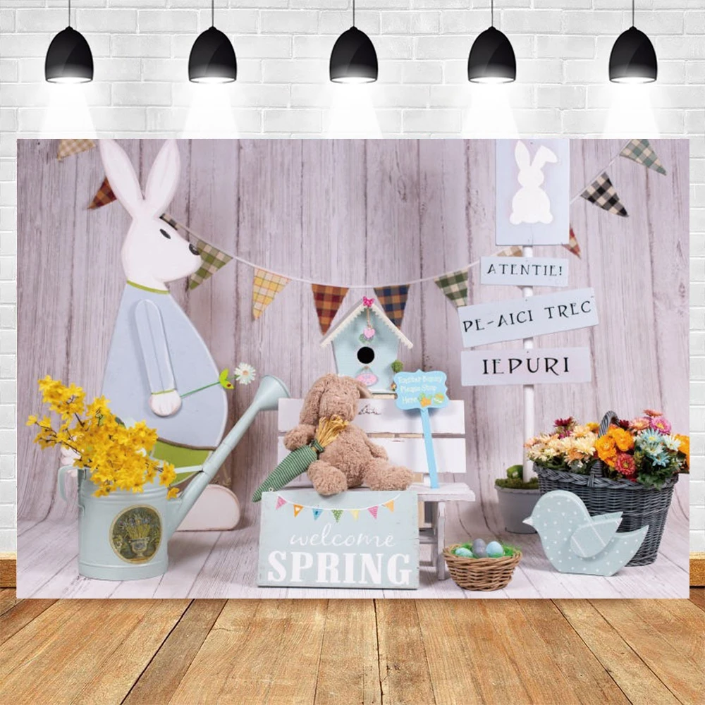 

Easter Theme Backdrop Wooden Wall Rabbit Flower Eggs Baby Portrait Party Decor Background Photography Photo Studio Booth Props