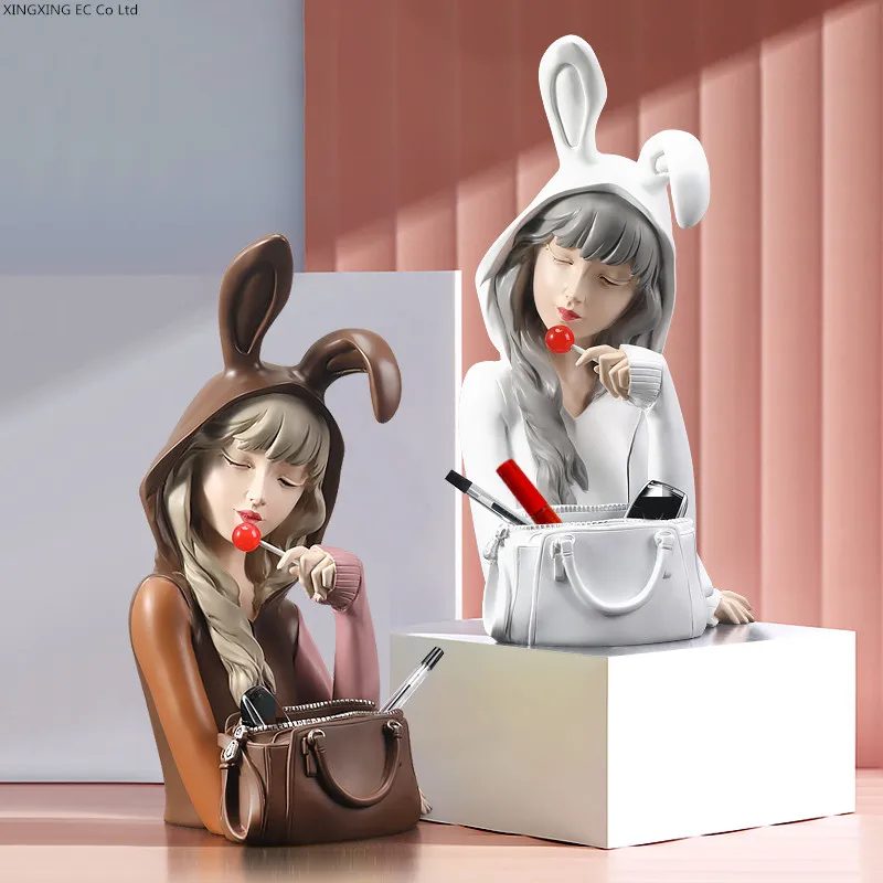 

Lollipop Girl Statue Home Decoration Accessories Resin Sculpture Crafts Living Room Key Candy Storage Tray Wedding Birthday Gift