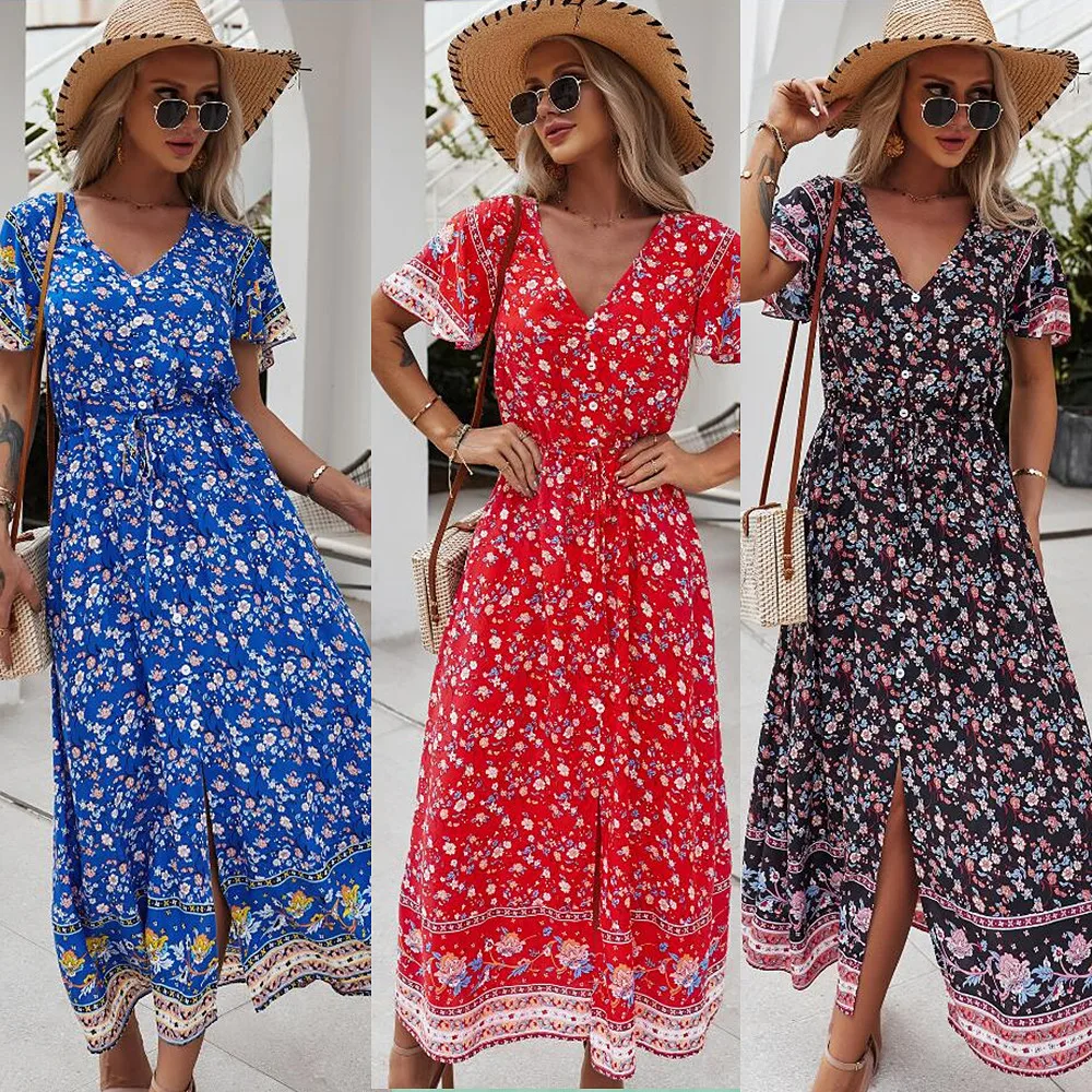

Independent Research and Development of Cross-border Amazon Spring/summer New 2021V Collar Sexy Print Dress Casual Vacation