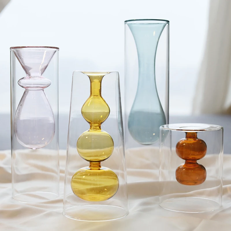 Strongwell Nordic Minimalist Double Stained Glass Vase Creative Transparent Hydroponic FlowerVase Desktop Decoration Personalize | Дом и сад