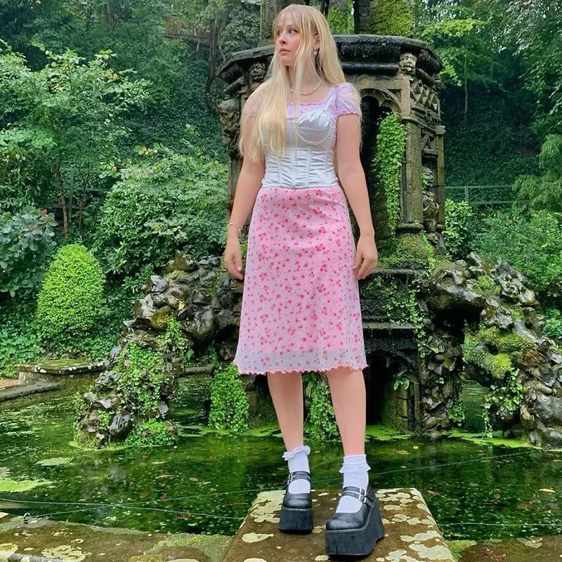 

Mesh perspective floral over-the-knee skirt summer high waist skirt sexy casual clothes premium apparel korean fashion