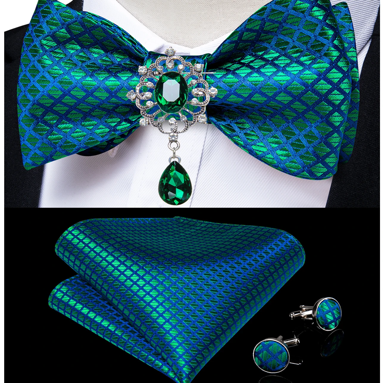 

Men's Premium Silk Untied Bow Tie Hanky Brooch Set Paisley Woven Green Bowtie Homme Wedding Party Suit Accessories DiBanGu