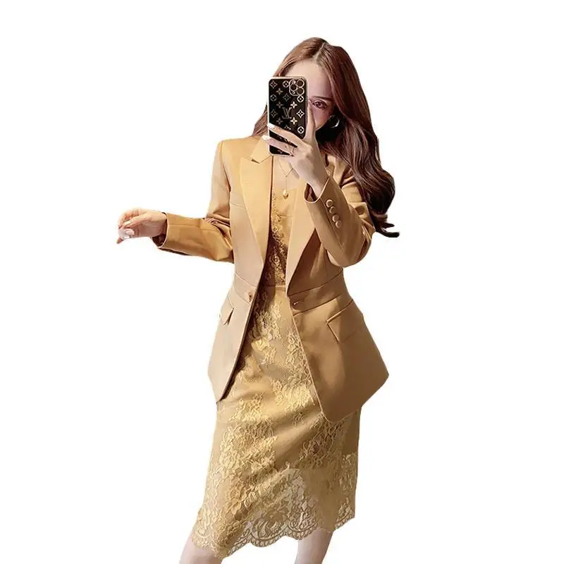 

2021 New Spring and Autumn Blazer Lace Dress Suit Female Fashion Slim Wild Western Style Two-piece Set Tide Y442