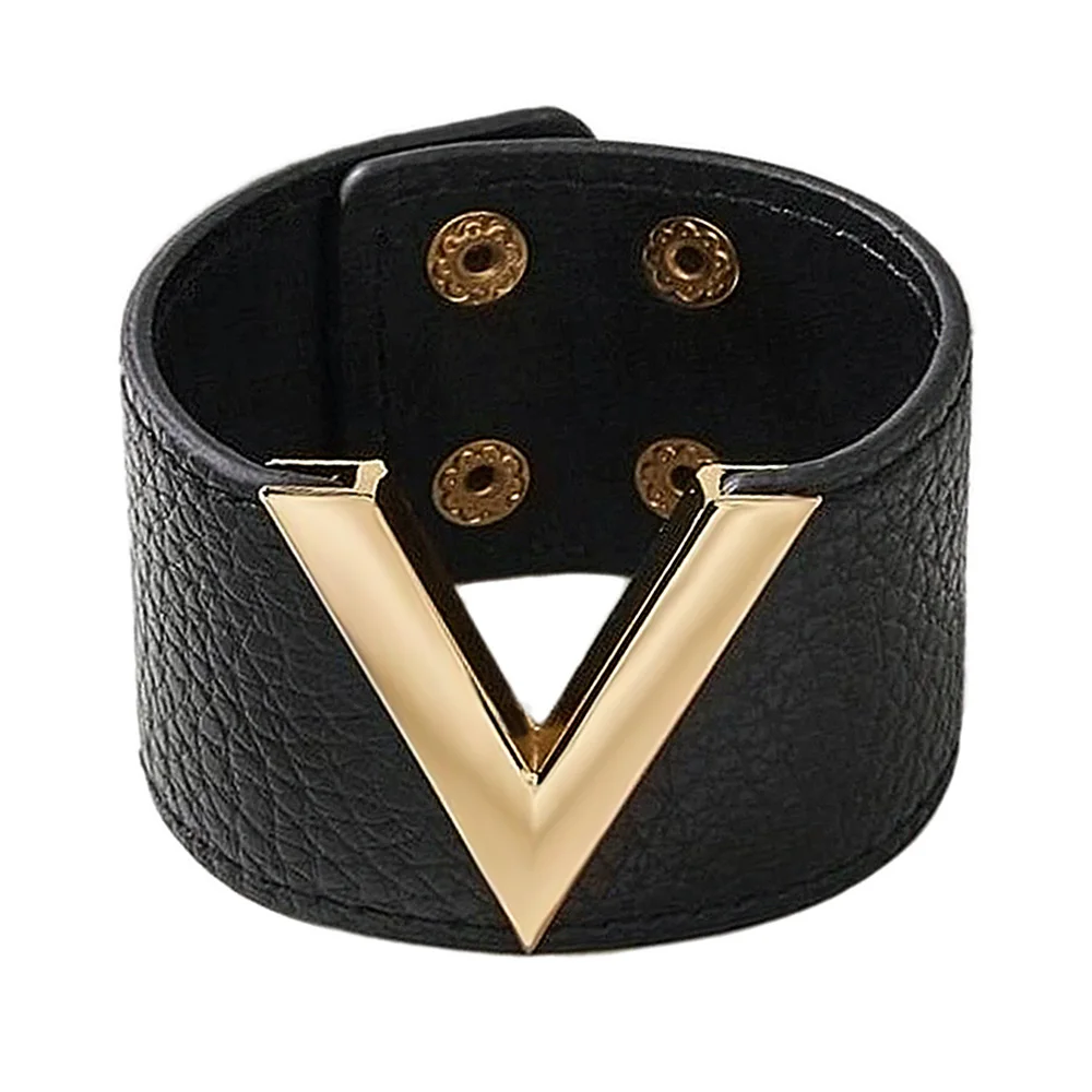 

Kirykle Europe fashion Big Leather Bracelet Simple Charm All-Match OL V Word Wide Wrap bangles For Women 2021 New Hand Jewelry