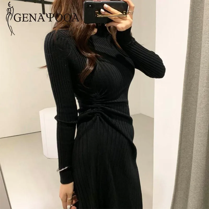

Genayooa Women Dress Elegant Long Sleebe O Neck Women Knitted Midi Dress Drawstring Office Ladies Vestido Sexy Autumn Winter