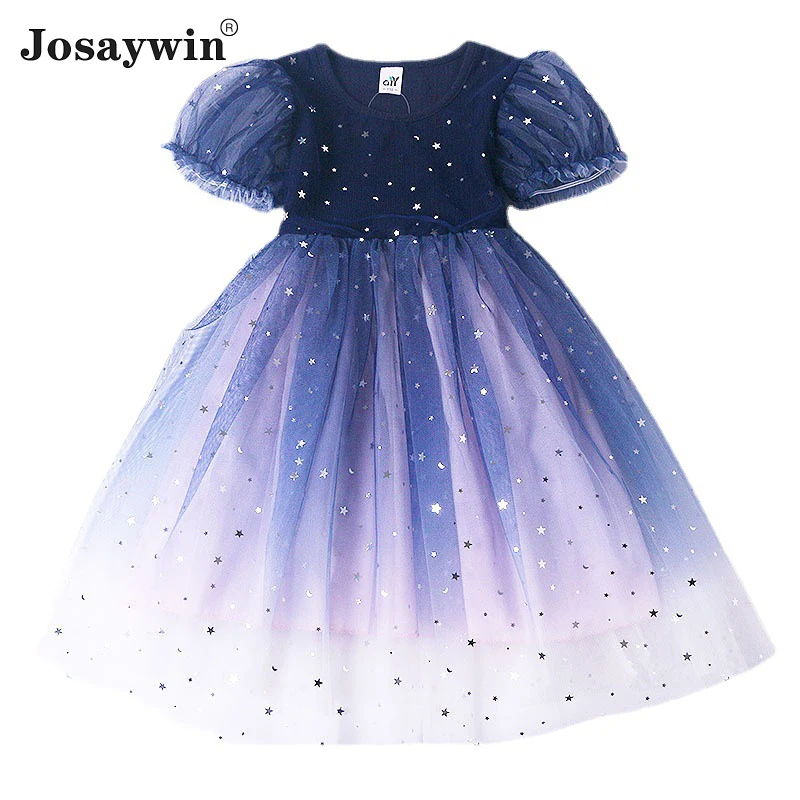 Vestido de malla con cielo estrellado para ni&ntilde;as, ropa de fiesta de princesa con manga abombada, nuevo estilo, 2021-4