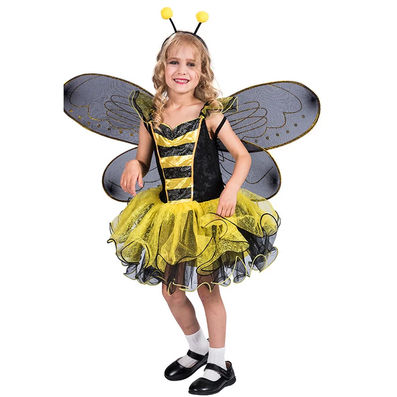 

Bee girl Dress Holiday Halloween Costume Kid Cute Dress Christmas Easter Cosplay Costume Honey bee cosplay with wing