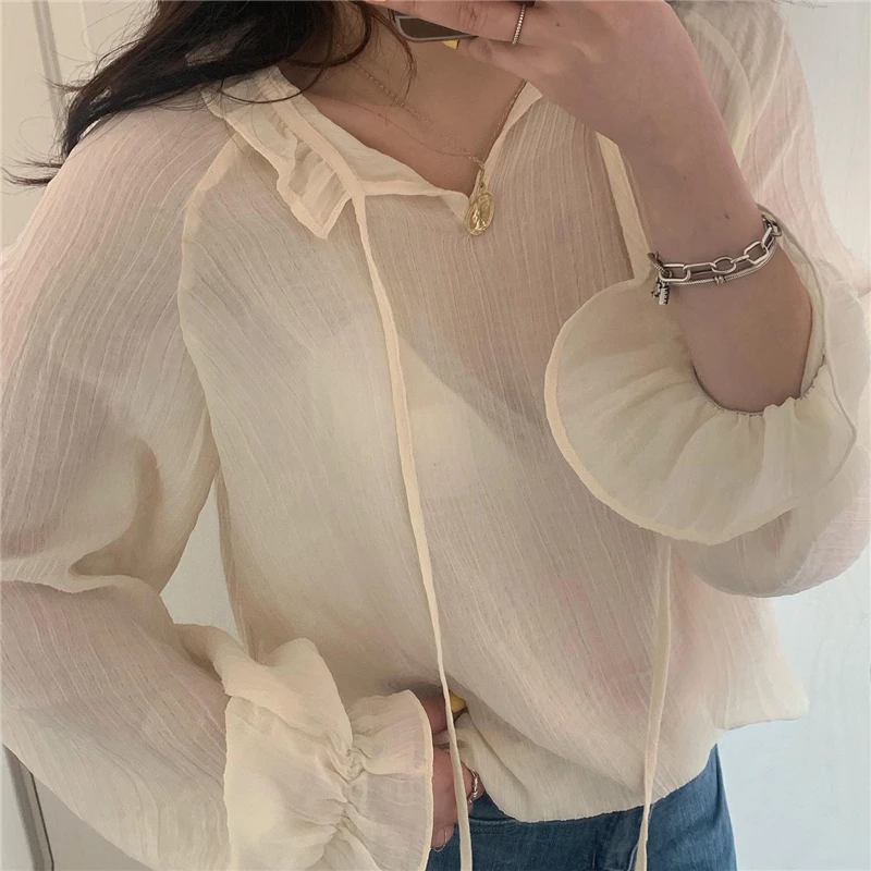 

Harajuku Apricot Vintage Chiffon Pullovers Girls Loose Sunscreen High Waist Casual Blouses All Match Fashion New Shirts
