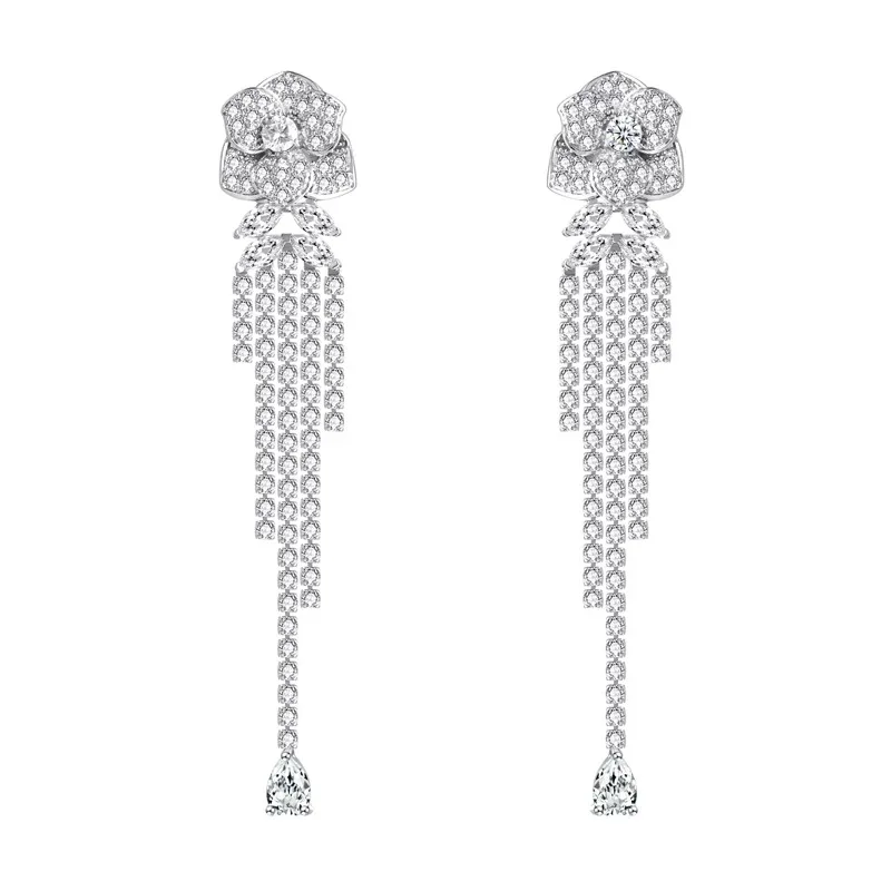

Temperament Camellia Tassel Earrings for Women Micro Pave Cubic Zirconia Flower Earring Statement Brand Jewelry