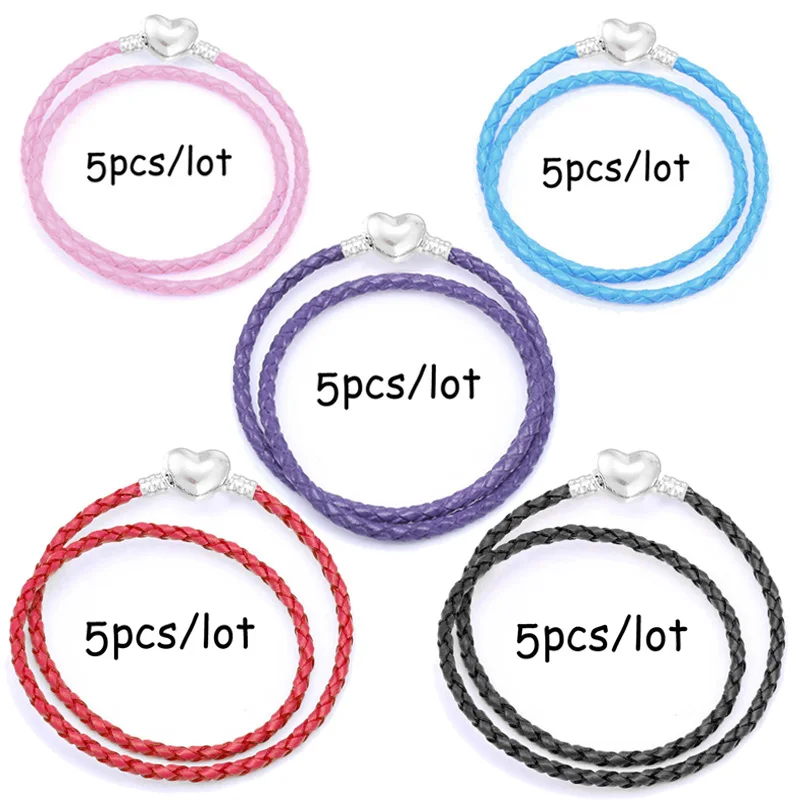

5Pcs/Lot High Quality Handmade Silver Plated Jewelry Gift Making European Style Heart Shape Leather Snake Chain Charm Bracelet