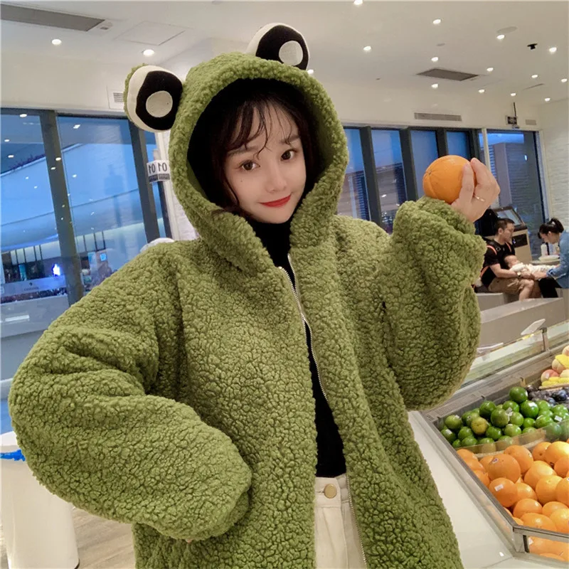 

Frog Hoodie Winter Zipper Plush Comfort Top Winter Thicker Chic Cutey Coat Outwear Korean Hooded Soft Teens Street Jacket 2XL XL