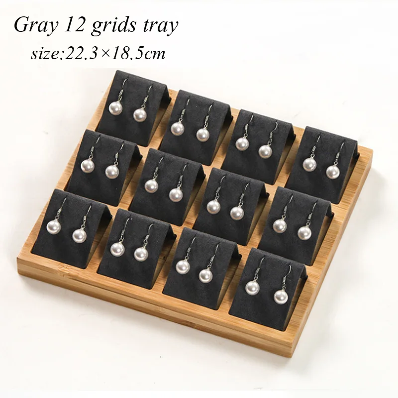 gray 12 grids tray Роскошная бамбуковая деревянная коробка для украшений 4 размера на выбор для женщин Стенд-витрина для серег ювелирный дисплей лоток - Цвет: gray 12 grids tray
