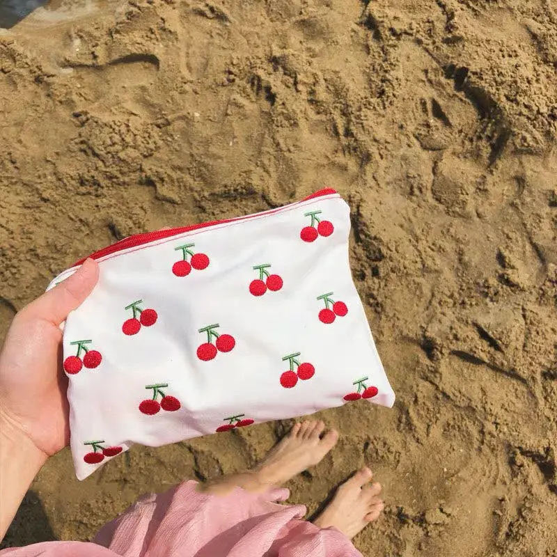 Cosmetic Bags Cherry Embroidery Zipper Lipstick Bag Ins Kawaii Retro Girls Canvas Bag Makeup Case Storage Neceser Cute Ulzzang images - 6