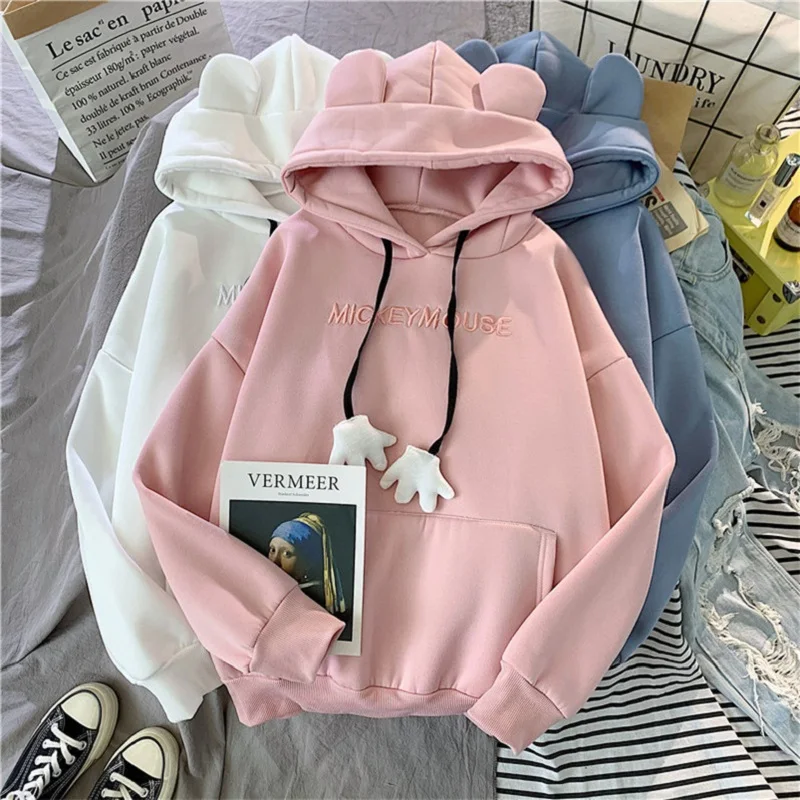 

2021 Animal Ear Street Style Sweatshirt Women Solid Color Casual Loose Winter Hoodies Tops Female College Plush Pullover Autumn