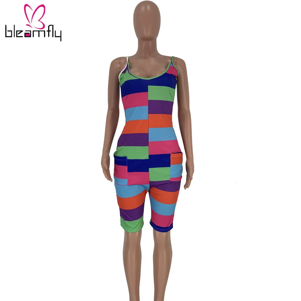 Женский Летний комбинезон на бретельках без рукавов в разноцветную полоску до