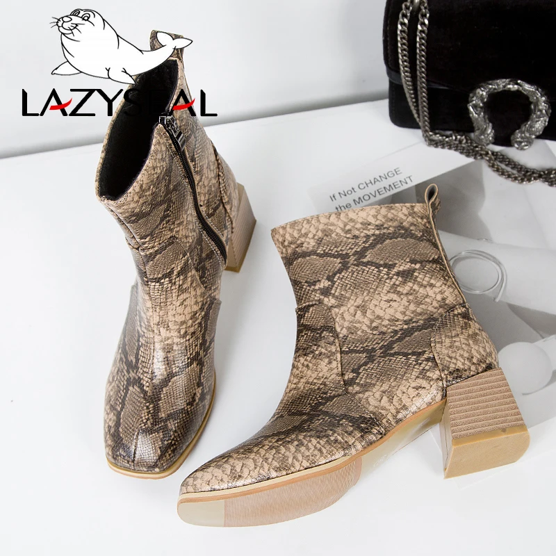 LazySeal Snake Pattern Side Zipper Chelsea Boots Women Shoes Wood Grain Square Heel Ankle Toe Winter Ladies Booties | Обувь