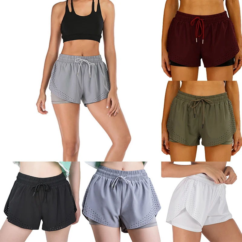 Women's Yoga Fitness Quick-drying Shorts Anti-aircraft Running Training Shorts Double-layer Fake Two-piece Sports Shorts