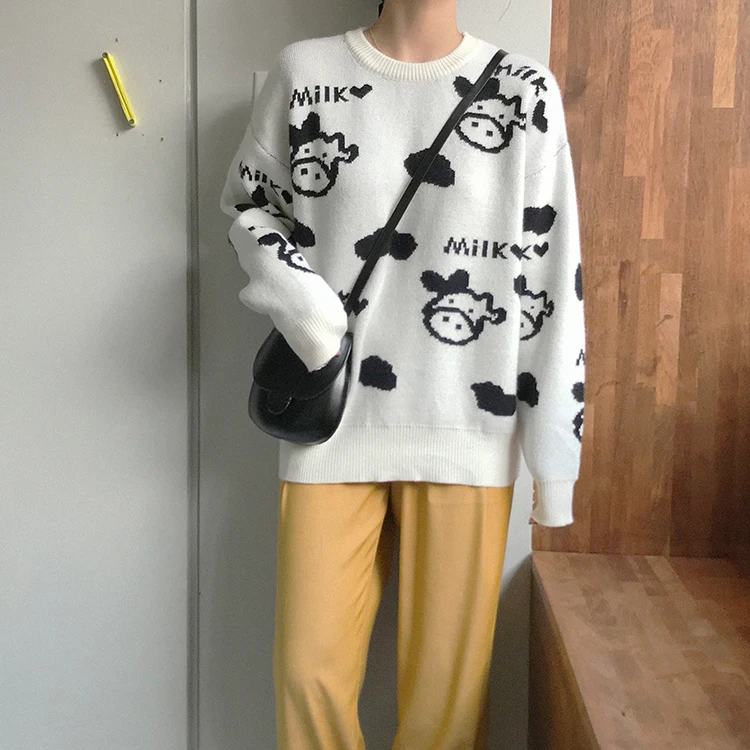 Vintage Casual Loose Cow Sweater Women's Sweaters Japanese Kawaii Ulzzang Female Korean Harajuku Clothing For Women | Женская одежда