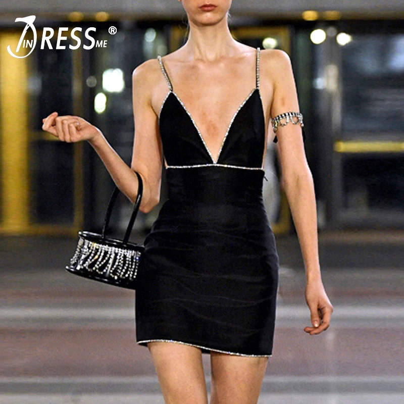 INDRESSME, женское Бандажное платье,, сексуальное, глубокий v-образный вырез, на бретелях, с открытой спиной, миди, с бисером, бриллиантами, платье для женщин, Vestidos, новая мода