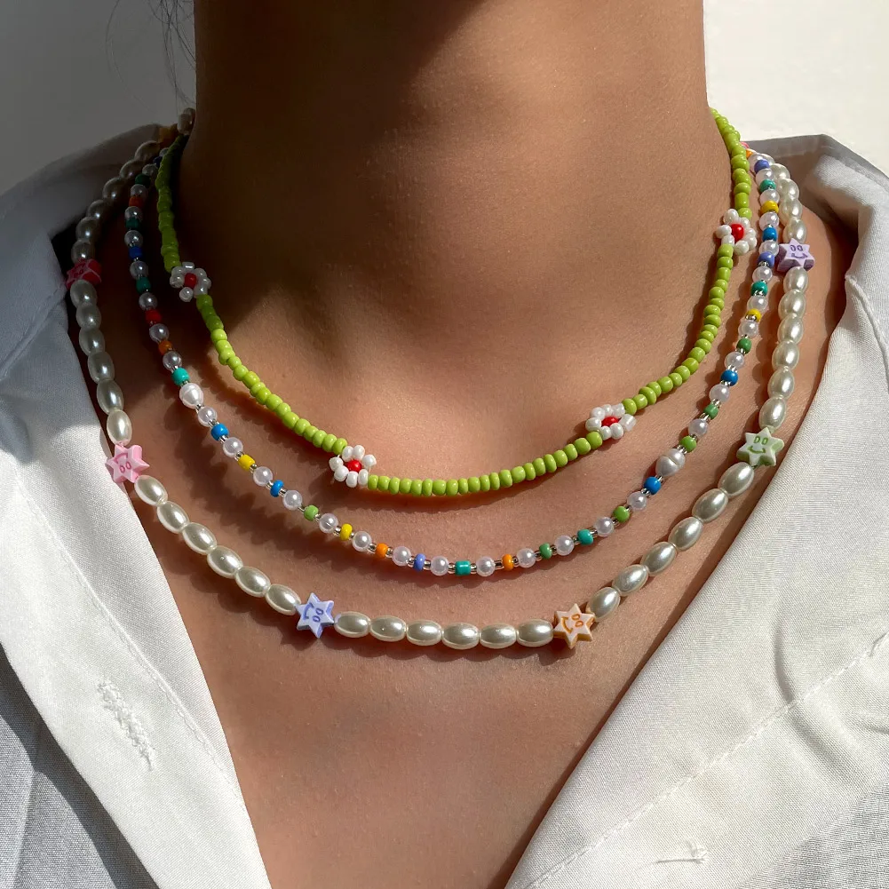 

3Pcs/Set Star Pearl Beaded Necklace For Women Green Glass Beads White Flower Chokers Necklaces Colorful Acrylic Seed Bead Strand