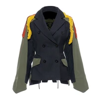 patchwork autumn coats lapel collar long sleeve tunic tassel female embroidery hit color womens jacket