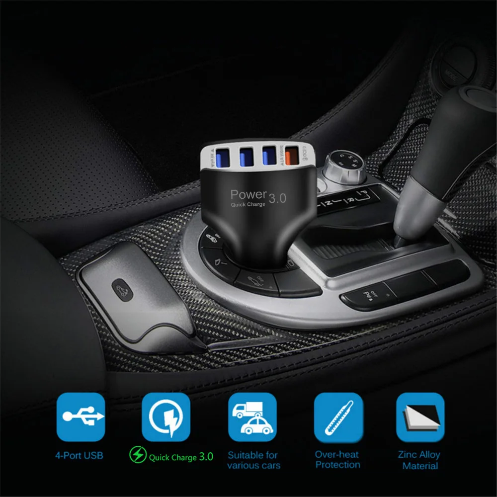 Car Charger Quick Charge 3.0 Phone Fast Charging 4 Ports USB Portable Chargers for iPhone 12 Pro Cables QC | Мобильные телефоны и
