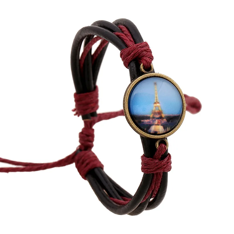 

2020 Brand New Design Paris Tower Leather Bracelet Handmade Crystal Glass Woven Bracelet Ladies Men's Jewelry