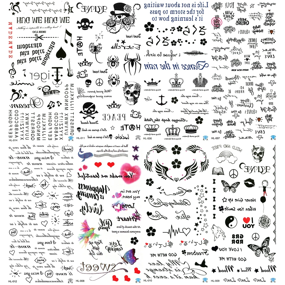 5 PCS /Lot Love Fake Tattoos Skull Tattoo Guitar Letter Clover Sticker Wolf Diamond Tatoo Flower Note Chest Face Tattos | Красота и