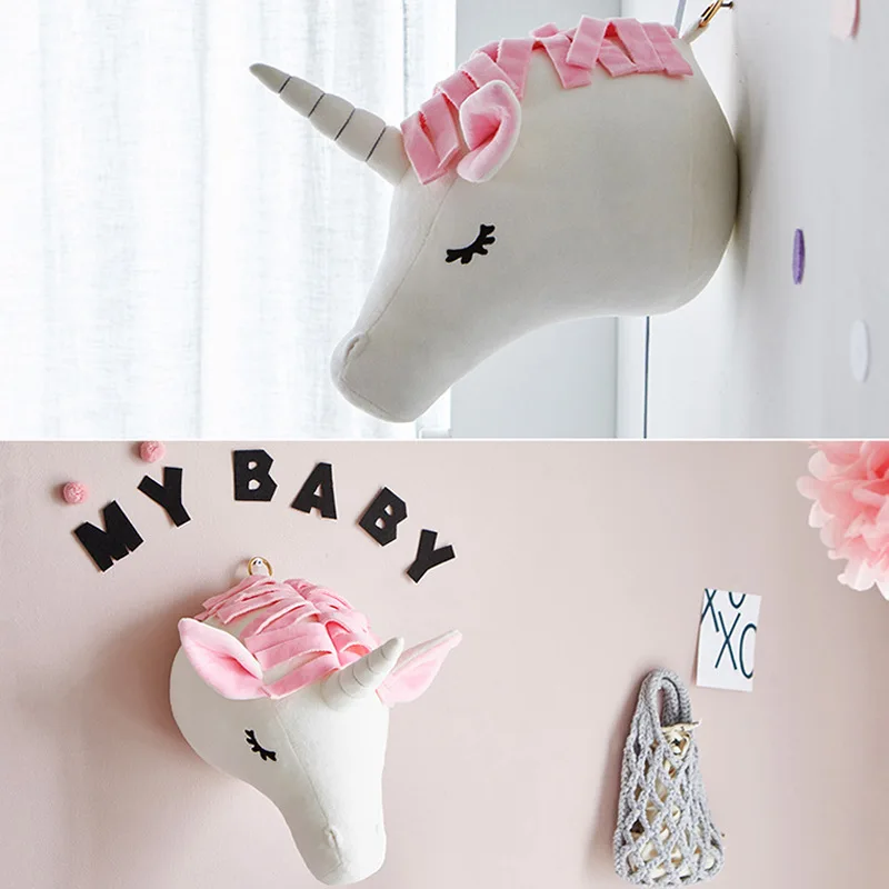 Unicorn Голова животного, медведь, олень, слон, Настенное подвесное крепление, плюшевая игрушка, кукла принцессы для девочки, подарок для ребенка, детская комната, Настенный декор - Цвет: Unicorn