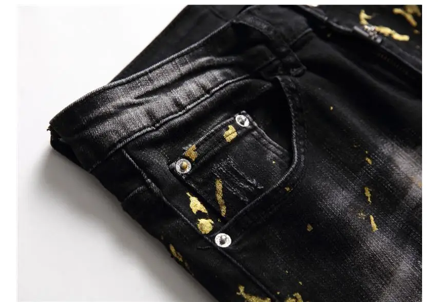Autumn winter new ragged jeans men's штаны slim washed Джинсы pants black paint spray tight-fitting stretch trousers