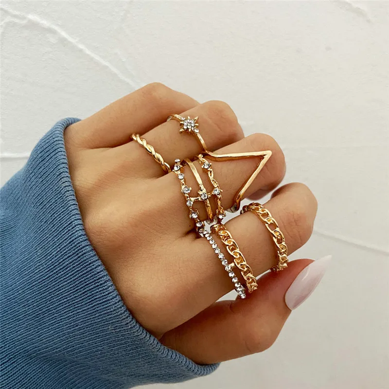 

6pcs/set Retro Gold Color Crystal Star V Shape Ring Set for Women Girl Metal Geometric Knuckle Midi Rings Anillos Party Jewelry