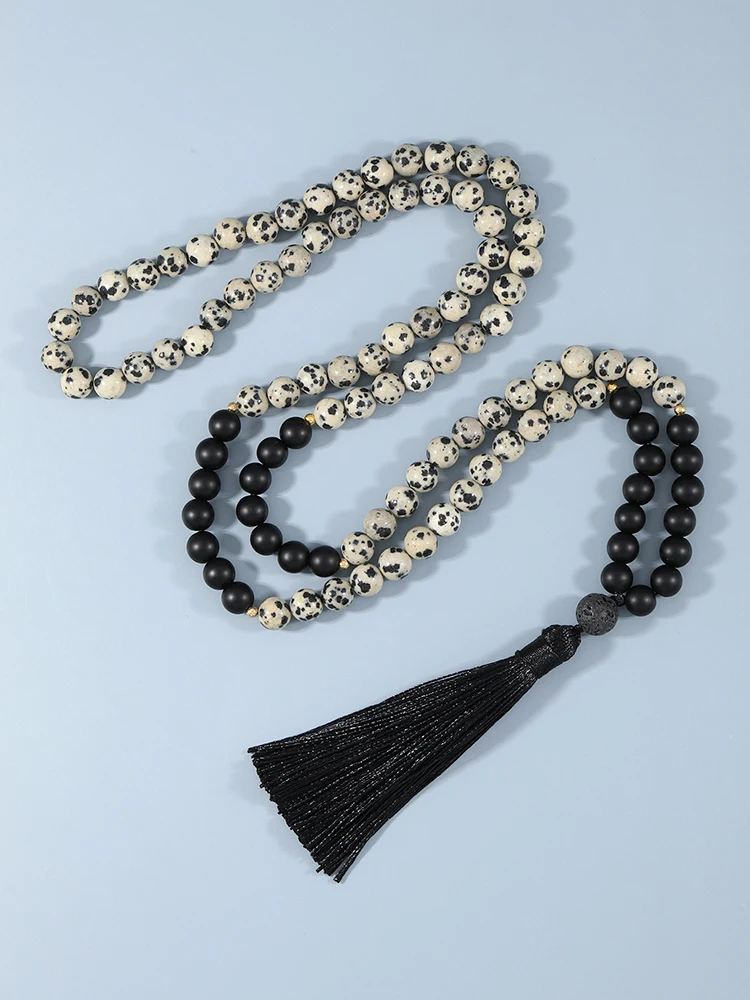 

YUOKIAA Japamala 108 Necklace Natural Spotted Stone Matte Black Onyx Beads Meditation Mala Prayer Beaded Necklace for Women Men