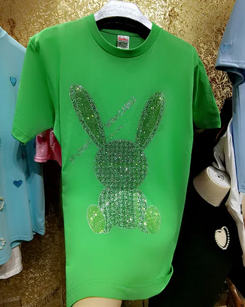 Летняя хлопковая Футболка Стразы с кристаллами женские свободные футболки из