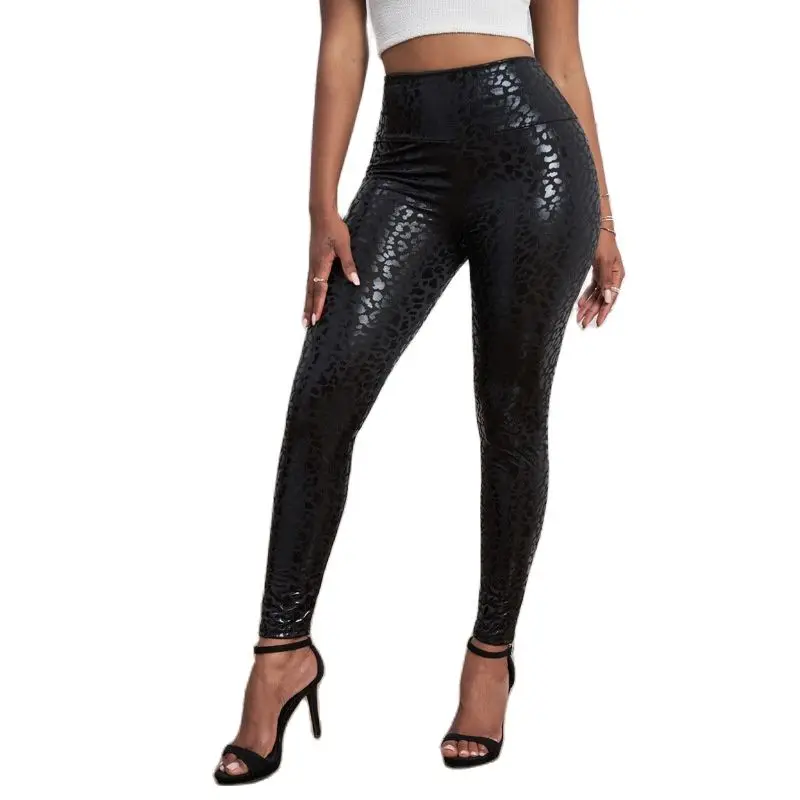

TRY TO BN Black Leather Trousers Women Fitness Tights Sexy Leopard Textured High Waist Faux Pants Female Skinny Autumn Leggings